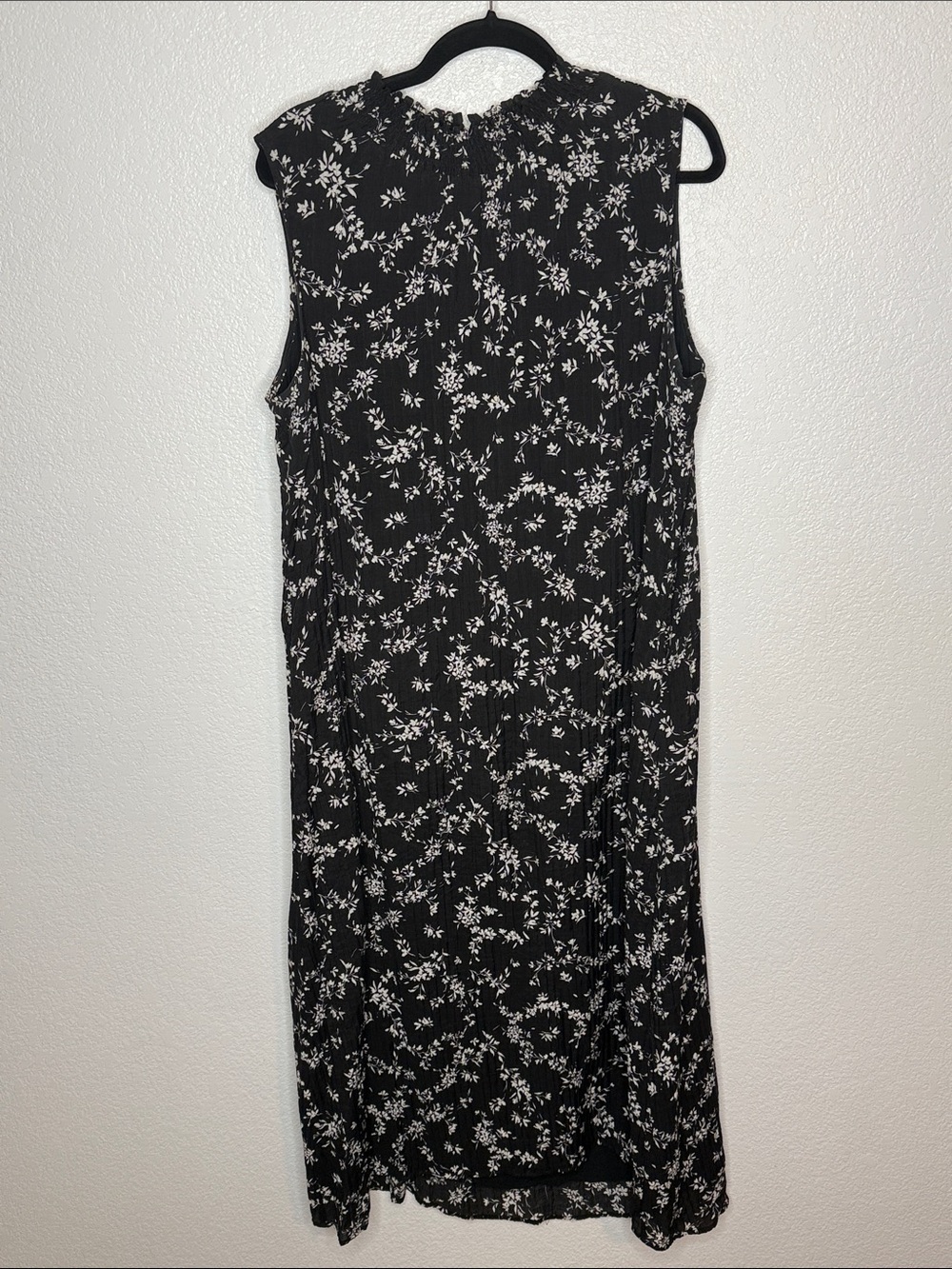 J.Jill Black White Floral Crinkle Smocked Mock Neck Maxi Dress Size XL